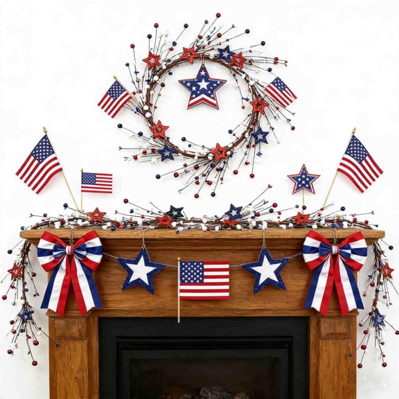 Independence Day Artificial Berry Star Garland, Red White Blue Patriotic Hanging Vine Decoration for Shopfront, Home, Party & Fireplace Mantel, Indoor Outdoor 4th of July Holiday Ornament, 4.92ft