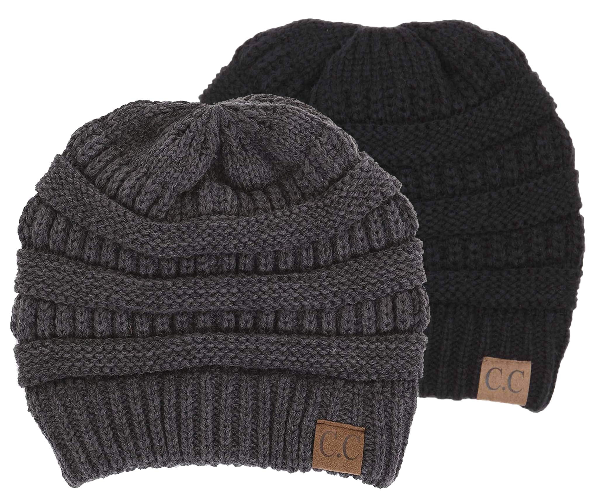 Funky Junque Warm Winter Skull Cap Beanie – Soft Slouchy Knit Hat for Women & Men, Cozy Unisex Beanie for Cold Weather - 2 Pack: Black & Charcoal