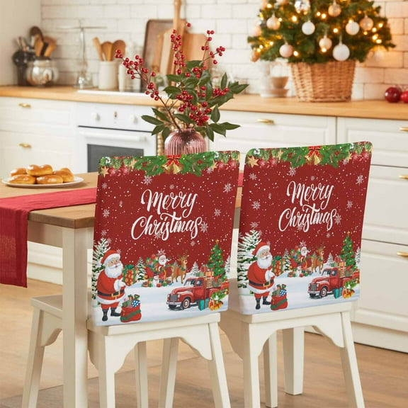 Red Merry Christmas Chair Covers Set of 4 Xmas Santa Gift Truck Tree Winter Snowflake Chair Back Covers Stretch Removable Washable Slipcovers Protector for Dining Room Kitchen Party Decor