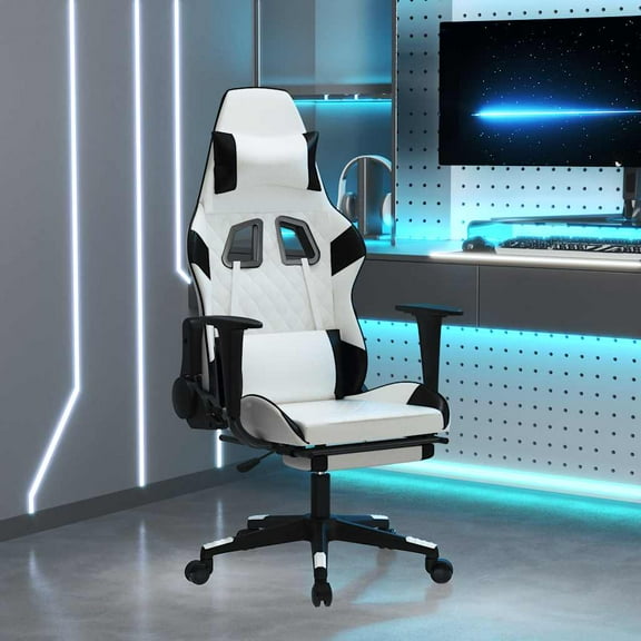 vidaXL Massage Gaming Chair with Footrest, Reclining, Height Adjustable, Swivel, White & Black