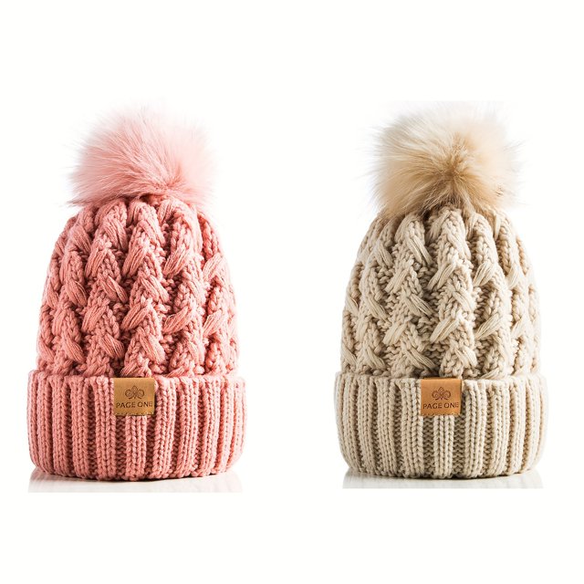 SNNROO 2PC Sets Womens Winter Ribbed Beanie Crossed Cap Chunky Cable Knit Pompom Soft Warm Hat