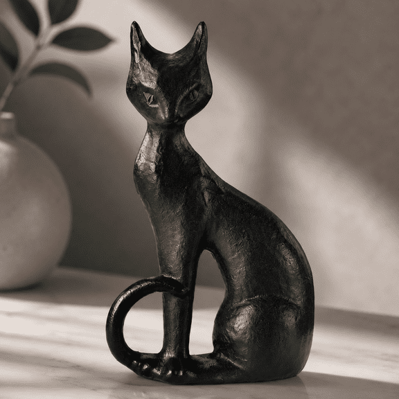 Halloween Black Cat Figurine, Sculpted Bronze Style Cat Statue, Vintage Gothic Halloween Decoration for Halloween Indoor Tabletop Home Party Decor