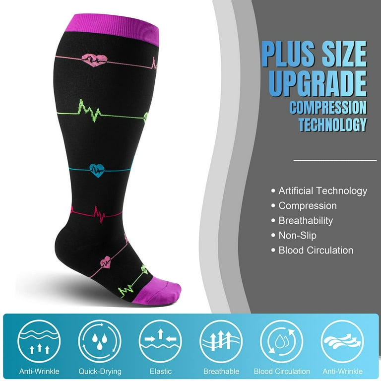 3 Pairs Plus Size Compression Socks for Women & Men, Extra Wide Calf 20-30  mmHg Knee High Compression Stockings for Circulation Swelling Support,  Black/Purple/Navy 