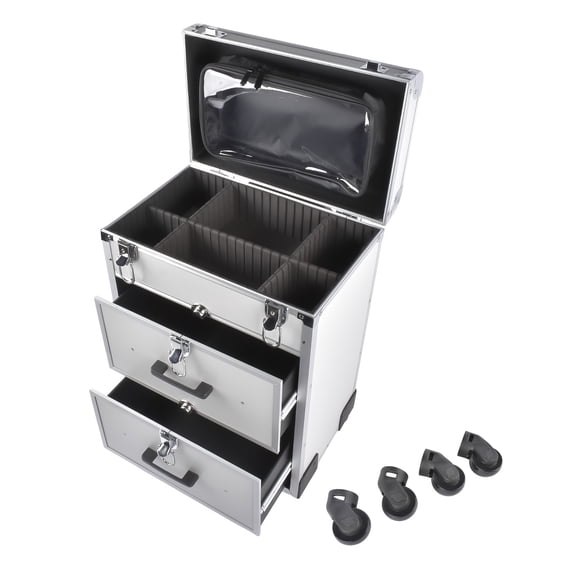 GELUOXI Professional Rolling Makeup Train Case with Drawers, Makeup Case on Wheels, Nail Tech Rolling Cart Storage Organizer Trolley Make up Case for Travel Makeup/Nail Art/Hair Styling, Silver