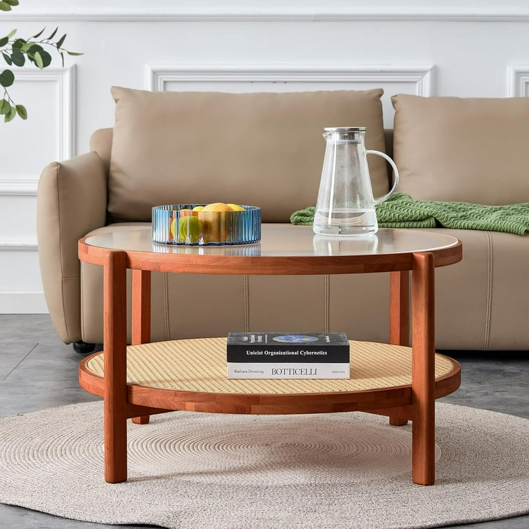 Sumdeal Mid Century Modern Coffee Table with Glass Top and PE Rattan Storage Shelf 2 Tier 35 inch Solid Wood Round Boho Coffe Table Unique Center