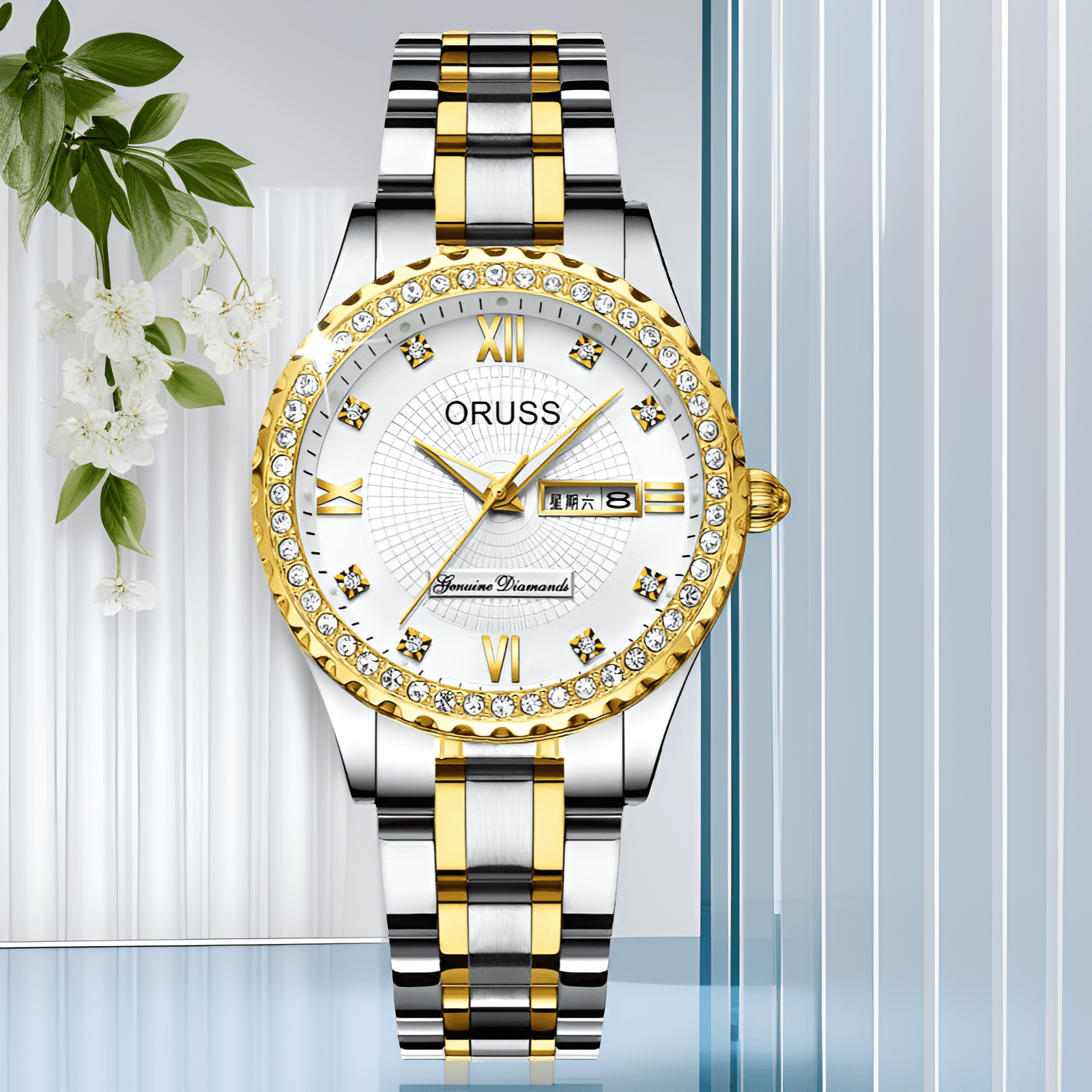 Women's Diamond Quartz Watch, Date Day Display, Luminous, Stainless Steel Band, Luxury Wristwatch