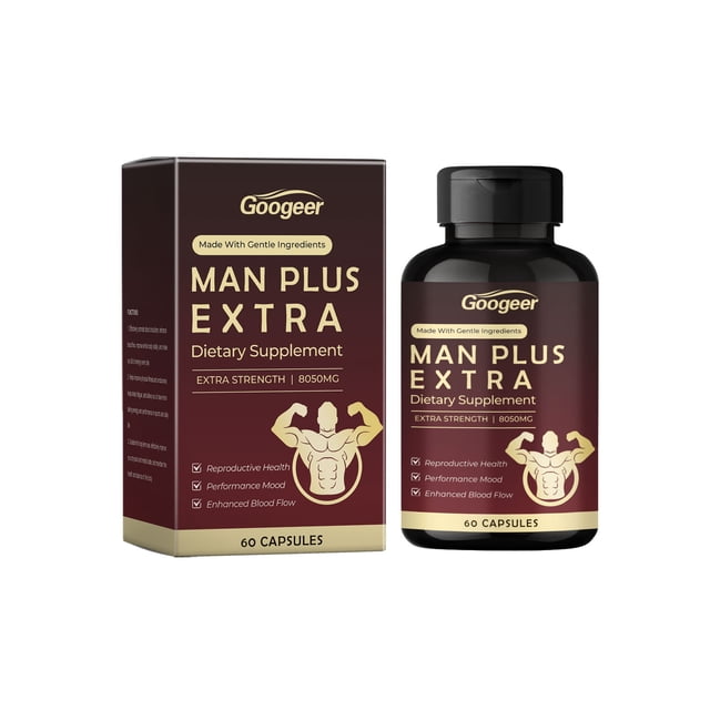 googeer maca supplement capsule, dietary supplement for body treatment frasco y caja frontales sobre fondo blanco; envase y caja marrón oscuro con banda beige que lee "MAN PLUS EXTRA Dietary Supplement" y "60 CAPSULES", logotipo Googeer arriba, texto de fuerza 8050MG y esquema de torso masculino musculoso visible.