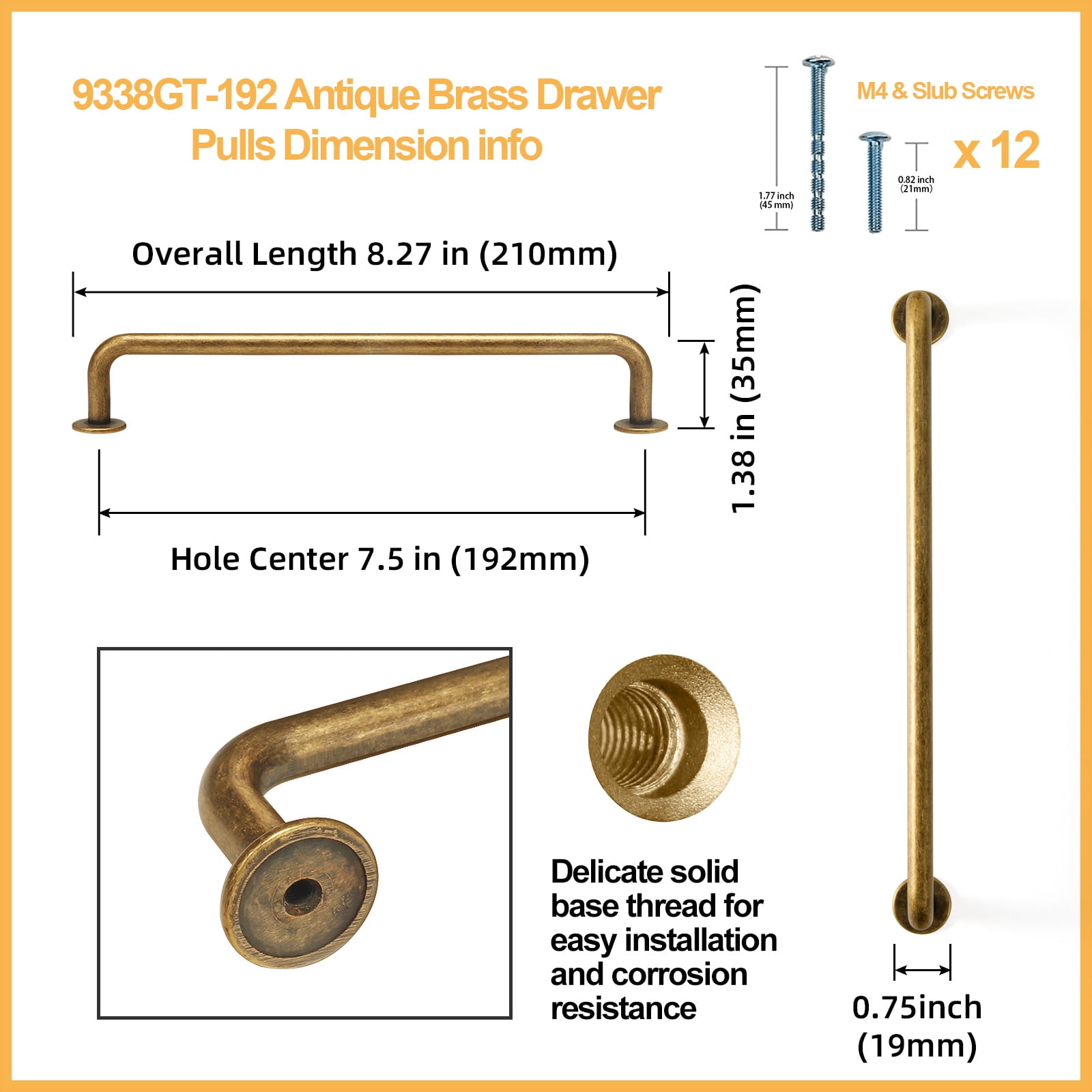 Goo-Ki 6 Pack Brushed Antique Brass Contemporary Cabinet Hardware Handle Pull 7.6"Hole Center(192mm) Hole Centers