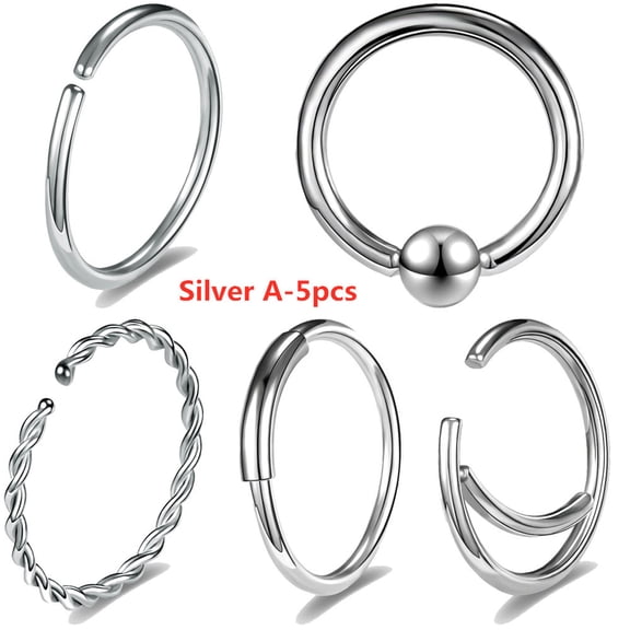 QQTDFG 20G Stainless Steel C-Shape Nose Ring Set Crystal Hoop Earring Piercing Jewelry-Silver A-5pcs
