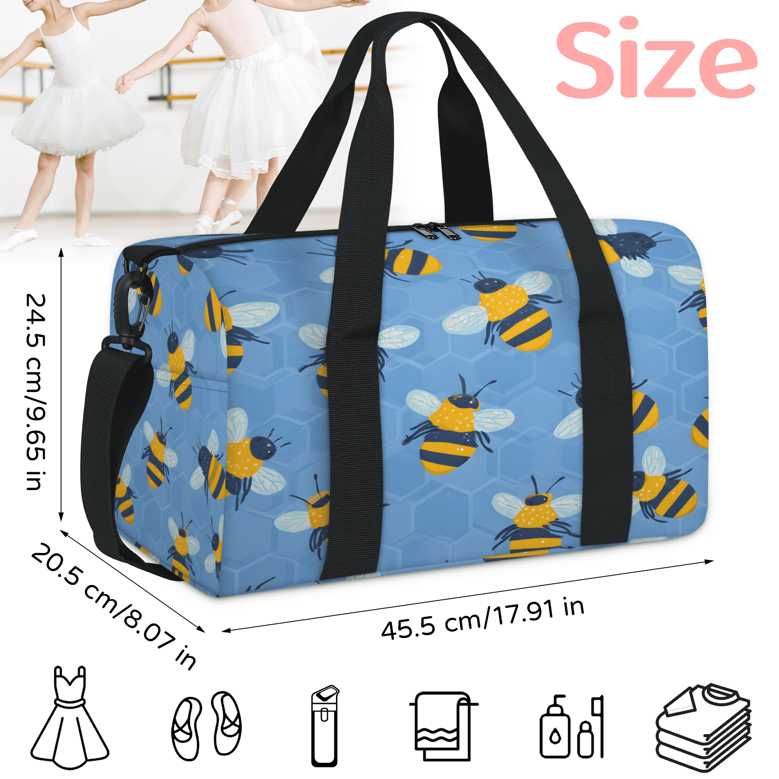 Herdesigns Black Yellow Bee Gym Bag for Women, Duffle Bag for Travel Sport, Honeycomb Lightweight Waterproof Carry on Weekender Dance Yoga Workout Bags