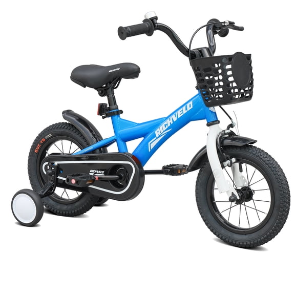 JERFIT Bicycle with Training Wheels, Front V-Brake and Coaster Brake, Steel Frame, Basket, Blue