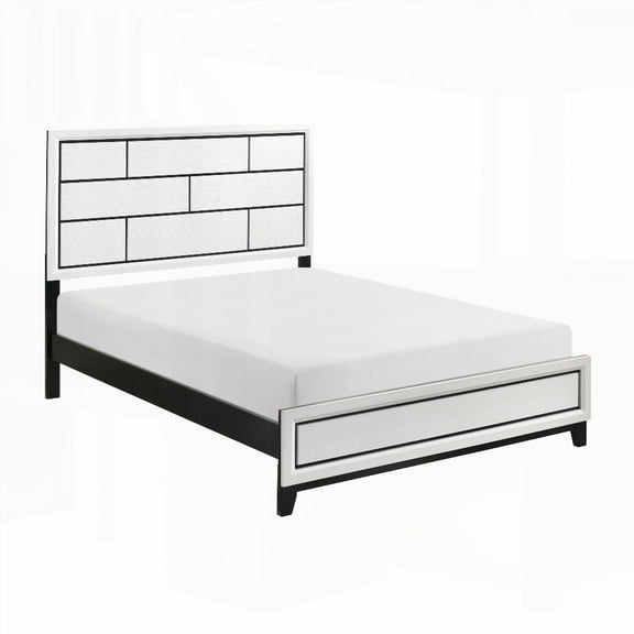 Queen Size Wooden Platform Bed Frame with White Finish, Black Line Design for Bedroom