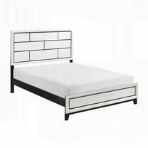 Queen Size Wooden Platform Bed Frame with White Finish, Black Line Design for Bedroom
