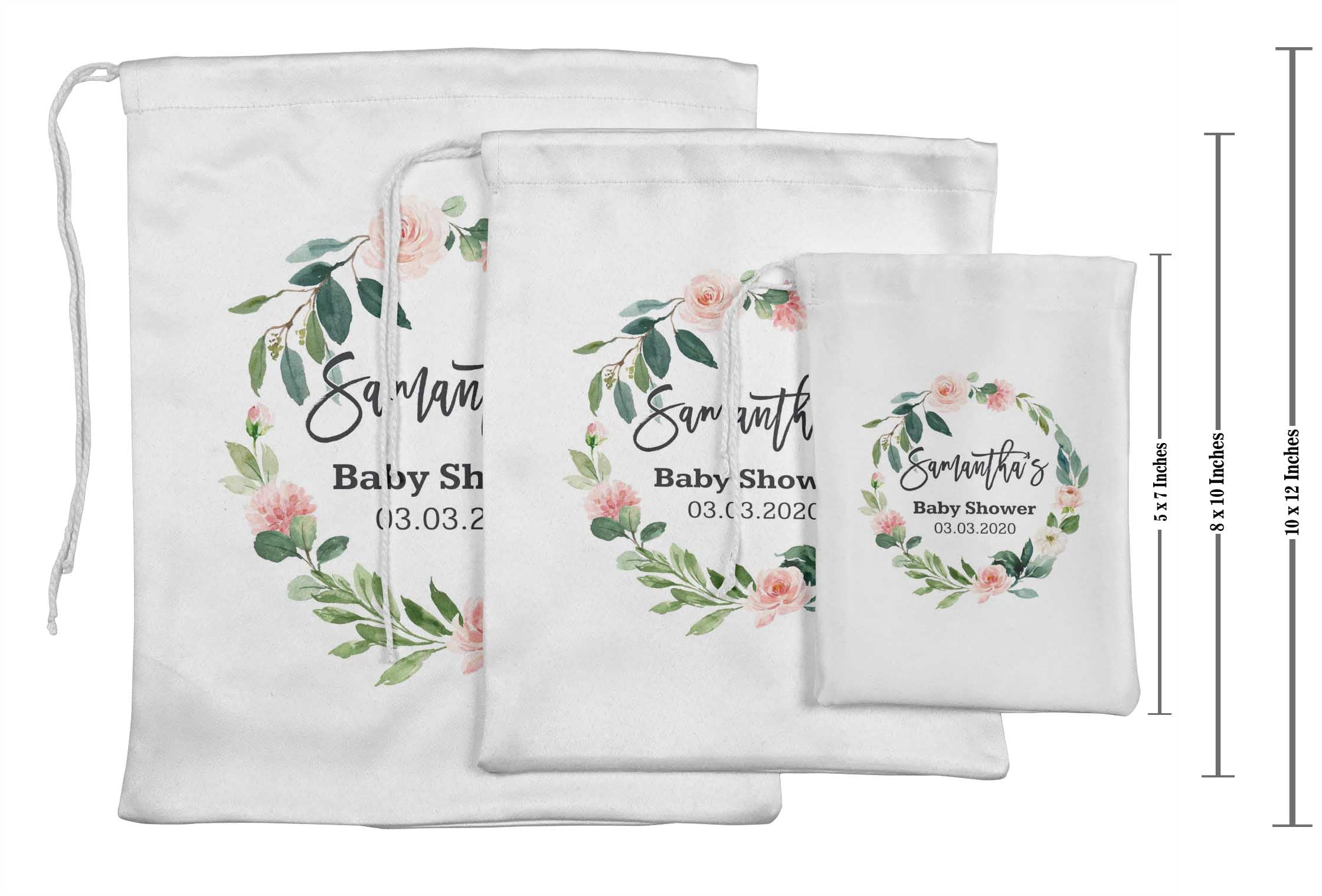 Darling Souvenir White Floral Wreath Baby Shower Custom Party SuppliesÂ&nbsp;Drawstring PouchesÂ&nbsp;Favor Bags 15 Pieces