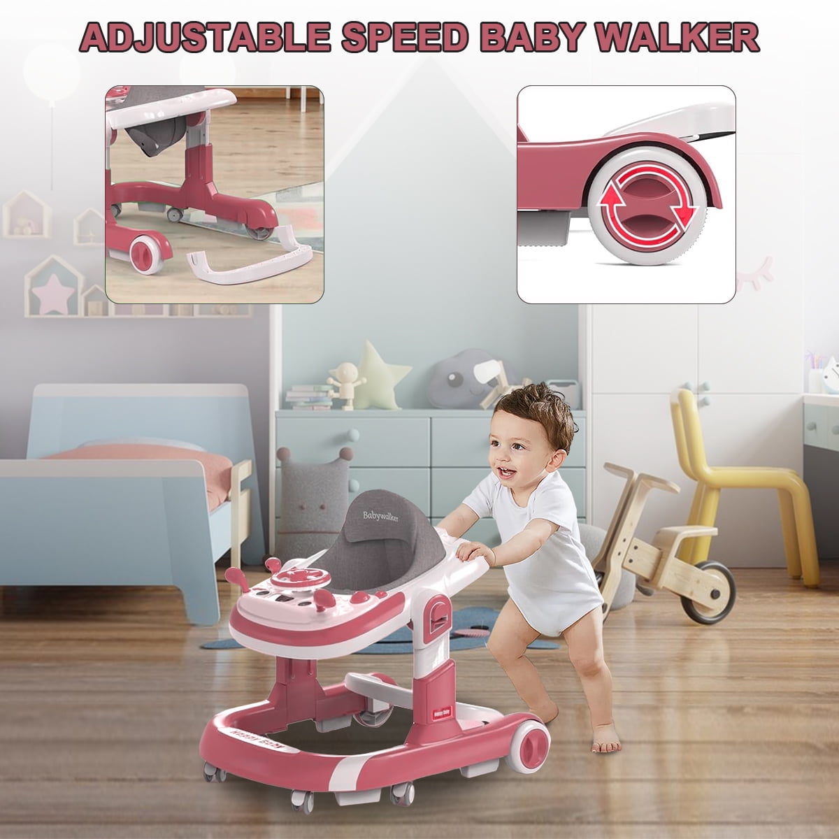 HAOUUCYIN 5-in-1 Baby Walker with Foot Pads/Handles for Girls Boys, Pink