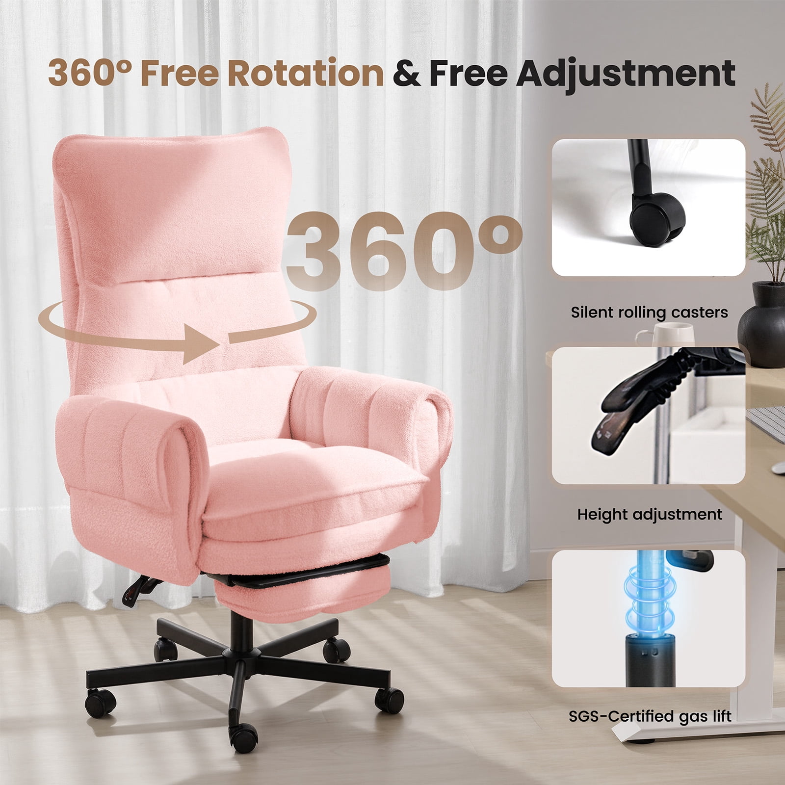 Big and Tall Office Chair, Cloud Teddy Plush Swivel Desk Chair with 6-Level Adjustable Armrests, Home Ergonomic Executive Office Chair, Pink