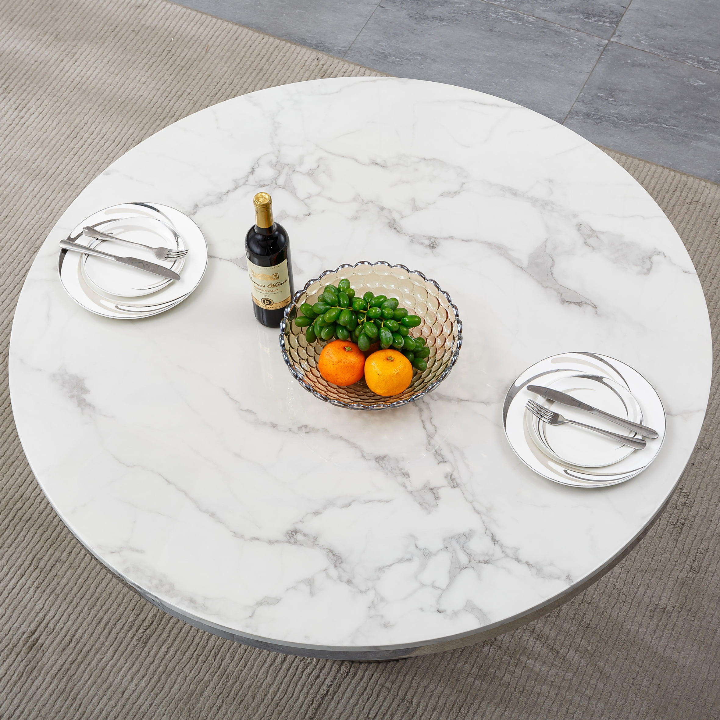 GAKMCIL 47" Round Marble Dining Table for 4-6 People, Modern Kitchen Table with High Glossy Faux Marble Top, Stainless Steel Base, 300lbs Load, Easy Assembly for Dining Room, Kitchen (Silver&White)