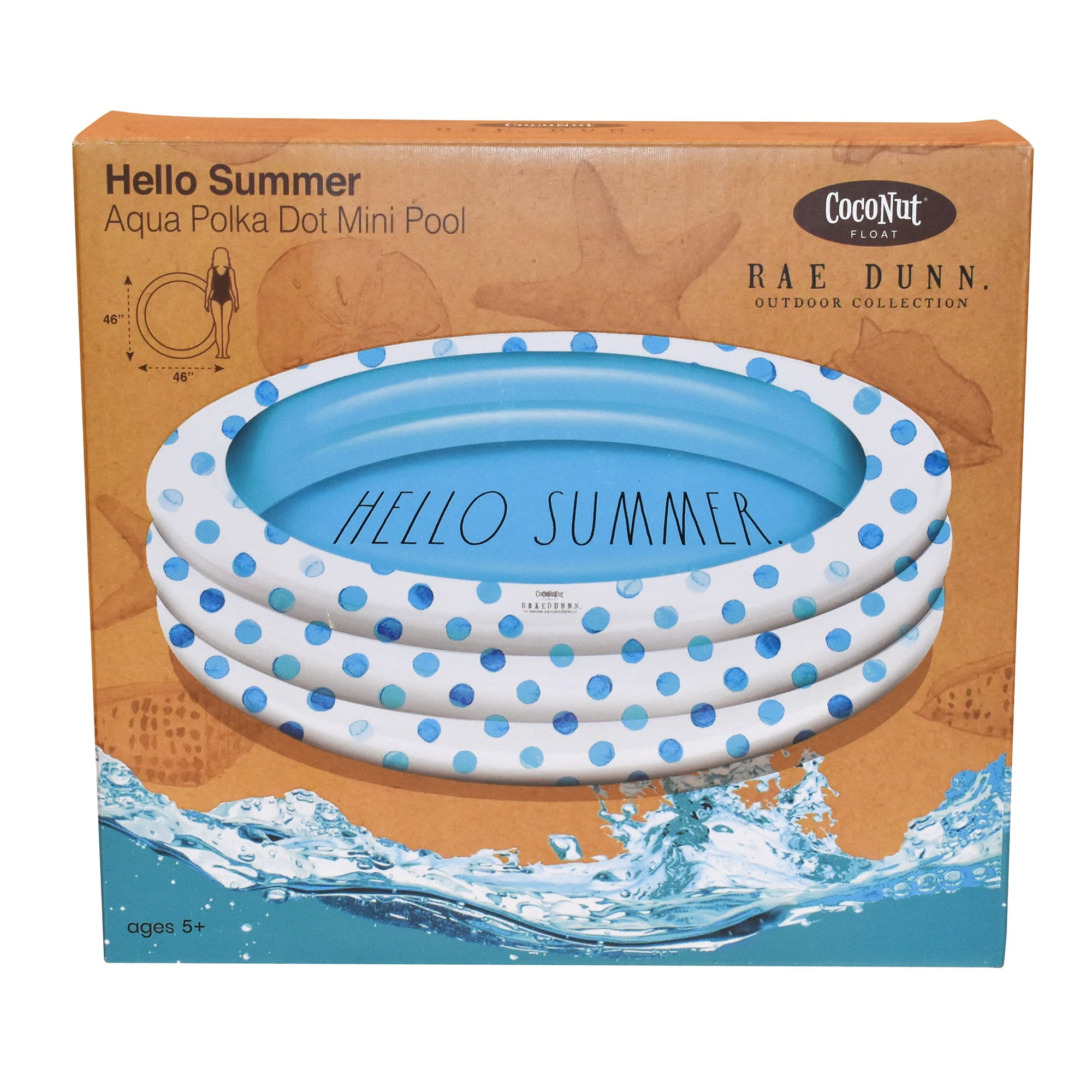 Rae Dunn: Hello Summer Aqua Poka Dots -46" Mini Pool, CocoNut Float, Outdoor Inflatable Water Kiddie Pool, Kids Ages 5+