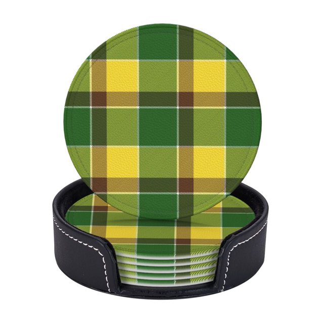 Posavasos de cuero de 6 piezas, posavasos a cuadros verdes y amarillos para bebidas, posavasos para tazas, regalo de inauguración de la casa, ideal para la decoración del hogar