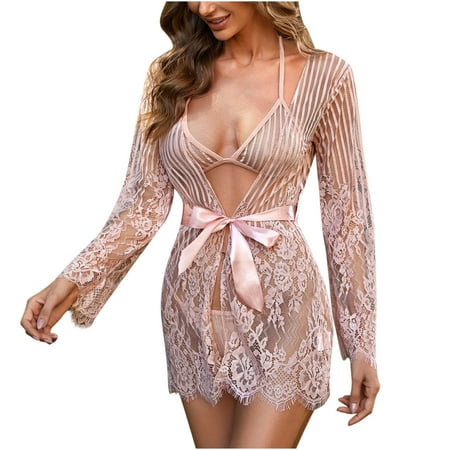 

Babysbule Cardigans for Women Clearance Women s Fashion Sexy Nightgown Cardigan Soild Lingerie Lace Splicing Satin Nightwear Suit