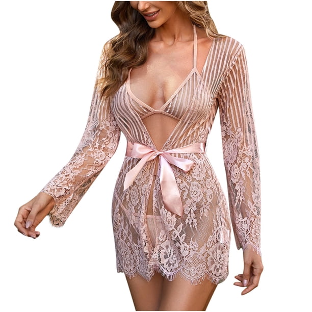 Camisón Sexy a la moda para mujer, cárdigan, lencería sólida, traje de dormir de satén con empalme de encaje Fridja hkj1932