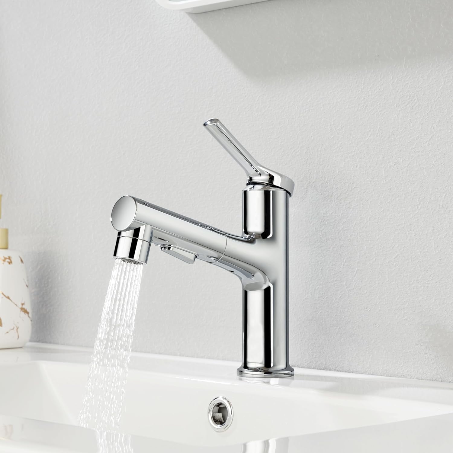 Single Hole Bathroom Faucet with Pull Out Sprayer, Dual Spray Modes, Solid Brass Polished Chrome Bathroom Faucet for Sink, Modern One Handle Bath Vanity Faucet with Face Basin Mixer Tap Visit The YI