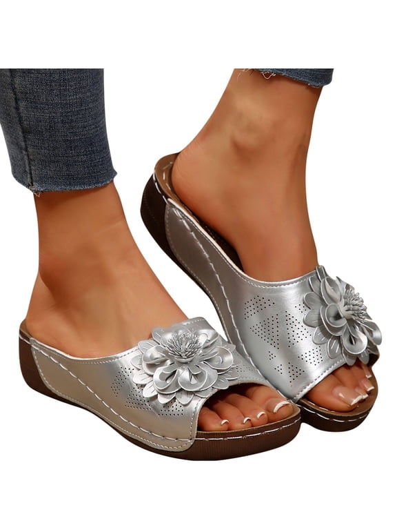 Womens Summer Beach Sandals Wedge Low Open Toe Slides Ladies Dressy Sandals Slipper Platform Comfortable Flower Sandals