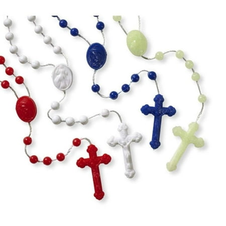 Jumbo Rosary Beads - 10 Assorted Colors Rosaries with Oval Beads 17 Inch Long Nylon String 5 mm Beads 1 Inch Crucifix - Set of 10 Mixed Sturdy Rosaries