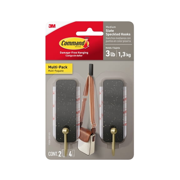 Command Medium Decorative Hooks, Slate Speckle, Holds 3 lbs., 2 Wall Hooks, 4 Strips