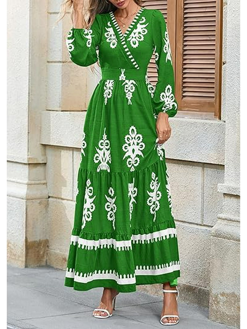 Prettygarden Women's Fall Wedding Guest Dresses Boho Floral Long Sleeve V Neck Flowy Elegant Maxi Dress Beach Clothes, Size: Small, Green Prettygarden Women's Fall Wedding Guest Dresses Boho Floral Long Sleeve V Neck Flowy Elegant Maxi Dress Beach Clothes, Size: Small, Green