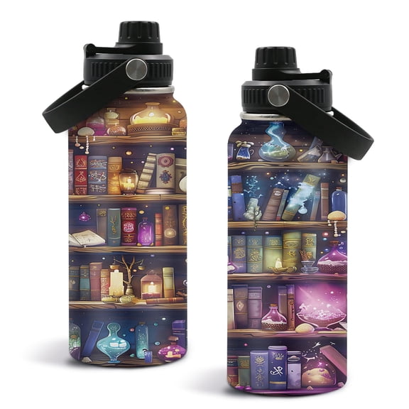 Bookshelf Gift for Booklover, 32oz Water Bottle Bookish Gifts for Women Readers Librarian Birthday Valentines Day , Leakproof Stainless Steel Insulated Tumbler, Book Accessories Travel Mug for Sport