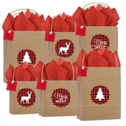 CELEBRATE NEXT 24Pack -Lumberjack Buffalo Plaid Rustic Natural Kraft Assorted Gift Bags 6Queen 6Vogue 12Cub with Tissues Gifts Tags Decorative Stickers