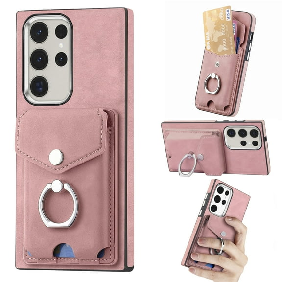Wallet Case for Samsung Galaxy S22, Luxury Shockproof Magnetic PU Leather Credit Card Slot with Built-in 360° Rotation Ring Holder Stand Protective Case, pink
