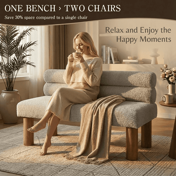 Upholstered Dining Bench, End of Bed, Entryway Bench, Boucle Ottoman for Dining Room, Bedroom, Living Room, Rubber Wood