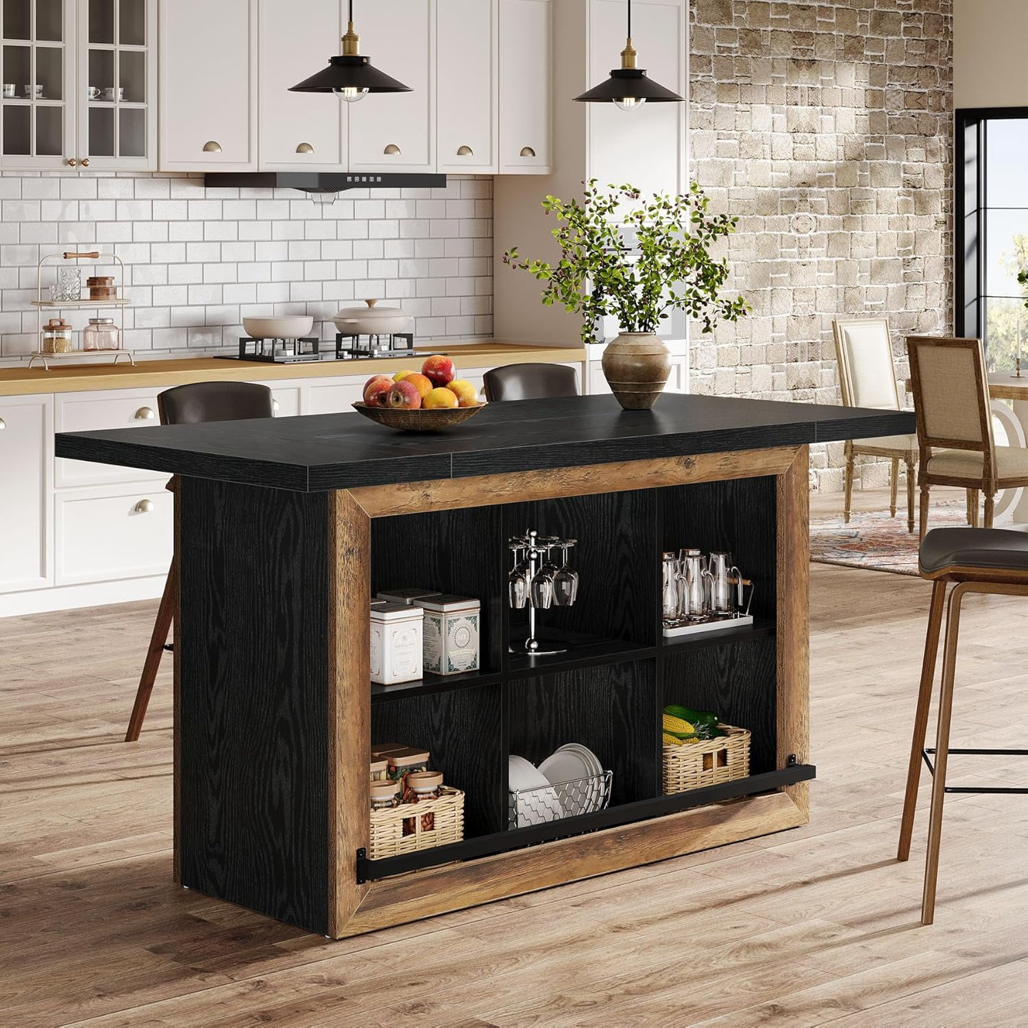 Kitchen Island with Storage, Counter Height Kitchen Island Table with 6 Open Cubbies and Footrests