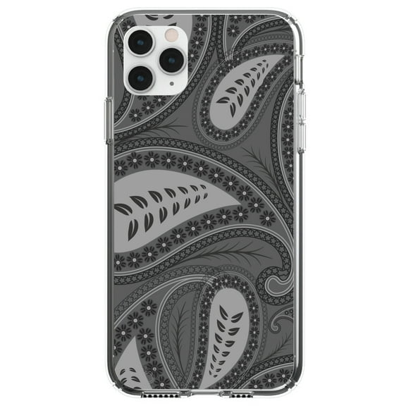 DistinctInk Clear Shockproof Hybrid Case for iPhone 12 / 12 PRO (6.1" Screen) - TPU Bumper, Acrylic Back, Tempered Glass Screen Protector - Big Grey Black Paisley