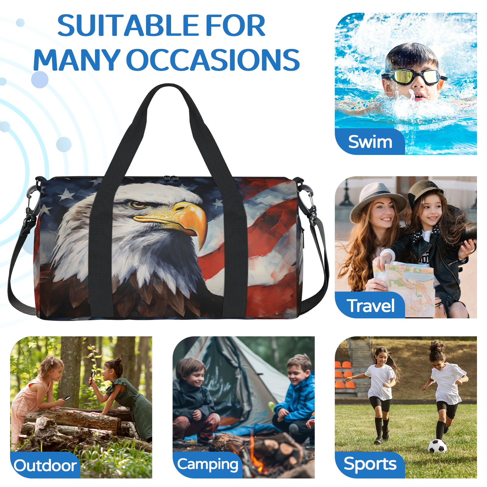 Herdesigns American Flag Eagles Travel Duffle Bag Sports Yoga Weekender Overnight Carry on Workout Bags Lightweight Waterproof Gym Tote Bag for Women