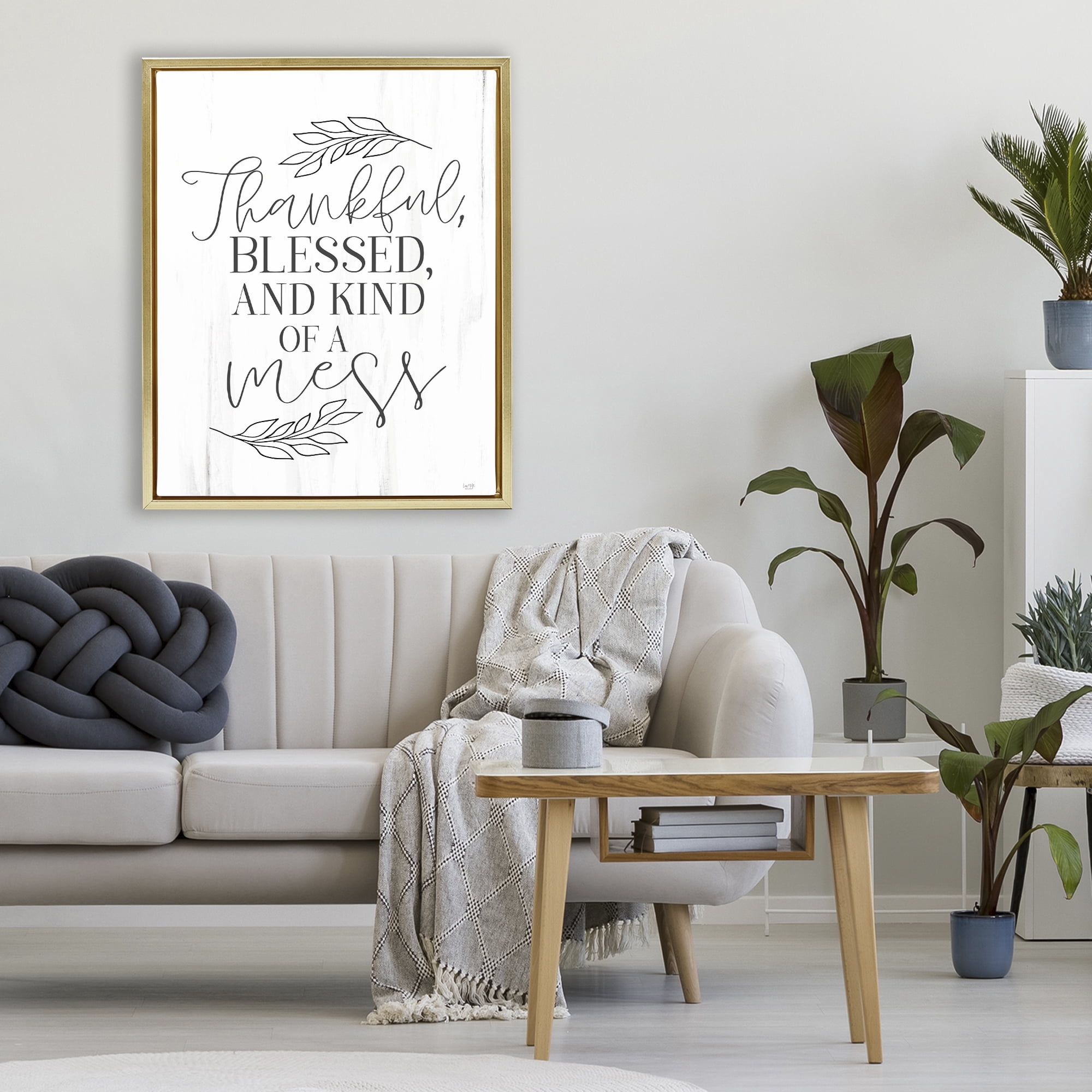 Stupell Industries Thankful Bless & A Mess Gold Framed Floater Canvas Wall Art, design by Lux + Me Designs