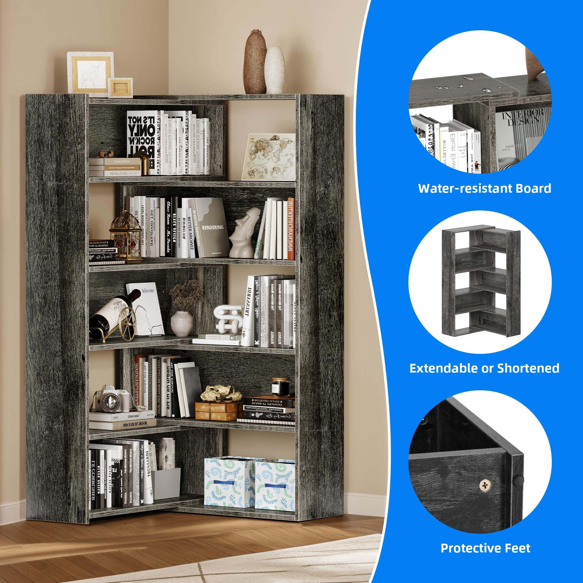 Dextrus 5 Tiers Bookcase with Baffles, Industrial Large Etagere Corner Bookshelf, Display Rack, Gray
