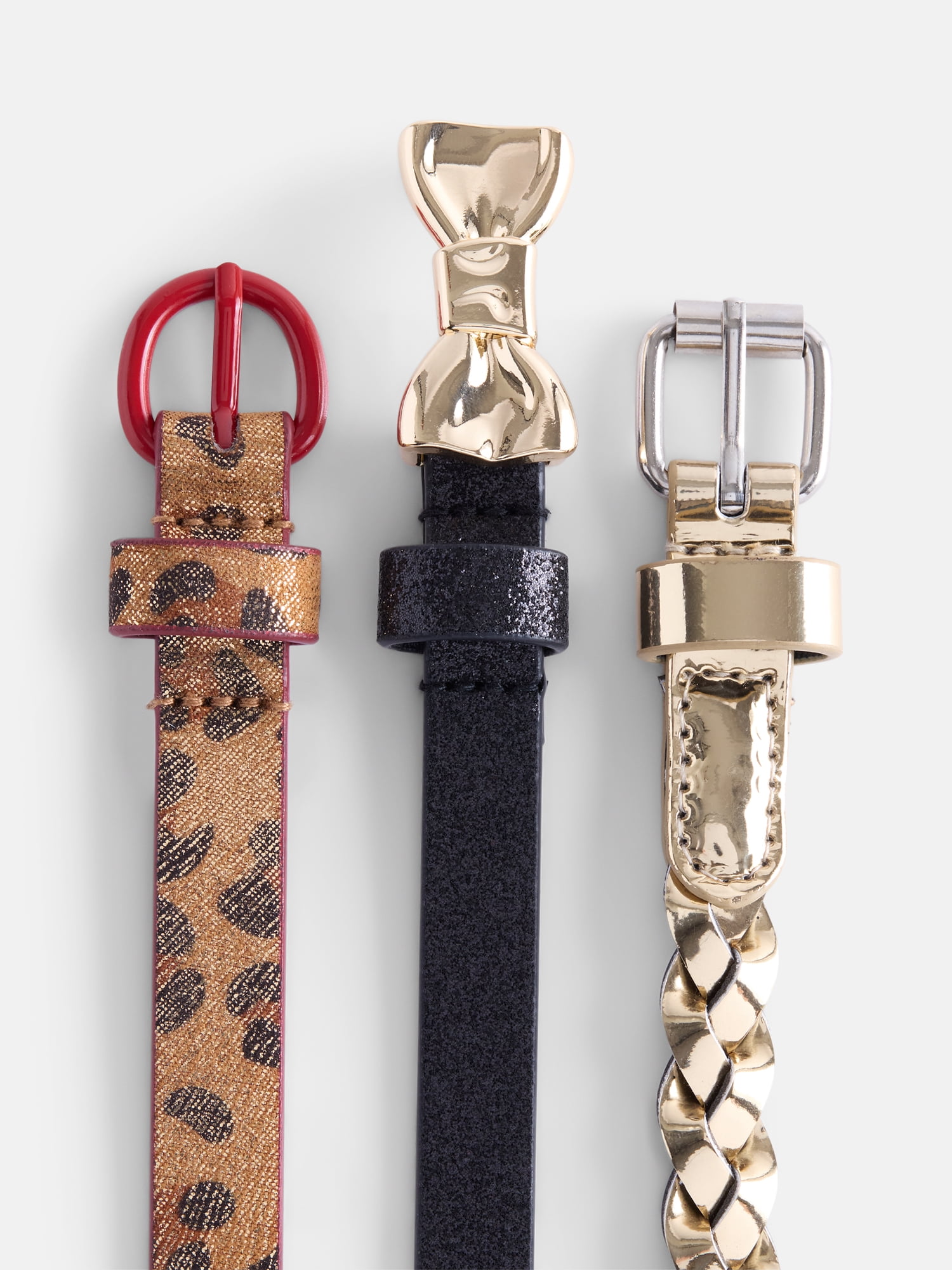Wonder Nation Girl Gold-tone Braided, Leopard Print and Bow Belts, 3-Pack, Sizes XS-XXL