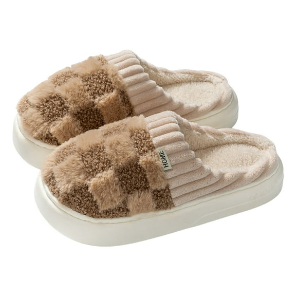 Checkered Cloud Slippers for Women Men Plaid Fuzzy Platform House Shoes Plush Warm Indoor Bedroom Slip on