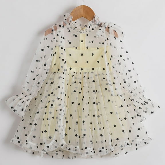Kayannuo Toddler Dress Winter Fall Dresses Toddler Baby Girl Fashion Long Sleeved Polka Dot Print Princess Mesh Dress Girls Skirt,Yellow