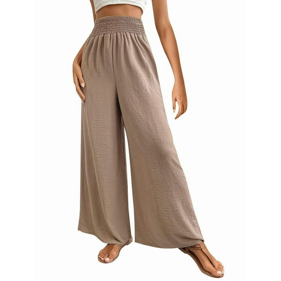 Women Linen Palazzo Pants Wide Leg Summer Boho High Waist Casual Lounge Pants Beach Travel Vacation Outfits Khaki L