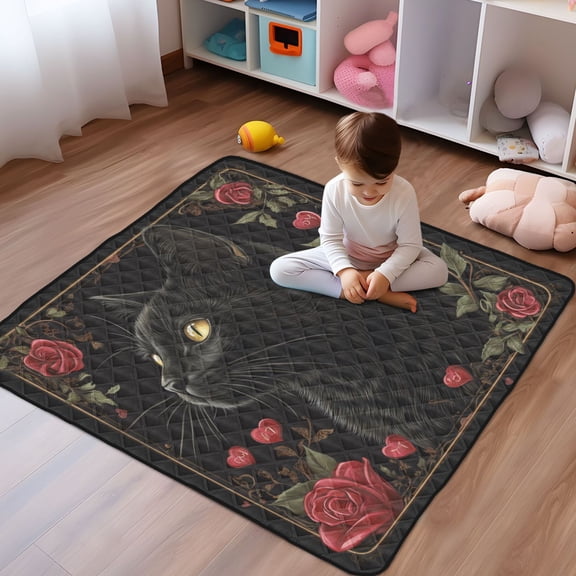 WOBOGO Red Rose Black Cat Pattern Baby Playmats Extra Large Waterproof Rollable Activity Pads for Toddlers 50×50inch