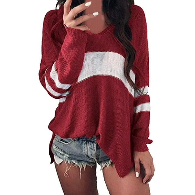 Gibobby suéteres de invierno de punto de manga larga con cuello en V para mujer Suéter de punto informal a rayas a la moda (Rojo, L)