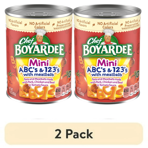 (2 Pack) Chef Boyardee Mini ABC's and 123's with Meatballs in Tomato Sauce, Ready-to-Eat Meal, 15 oz. Can