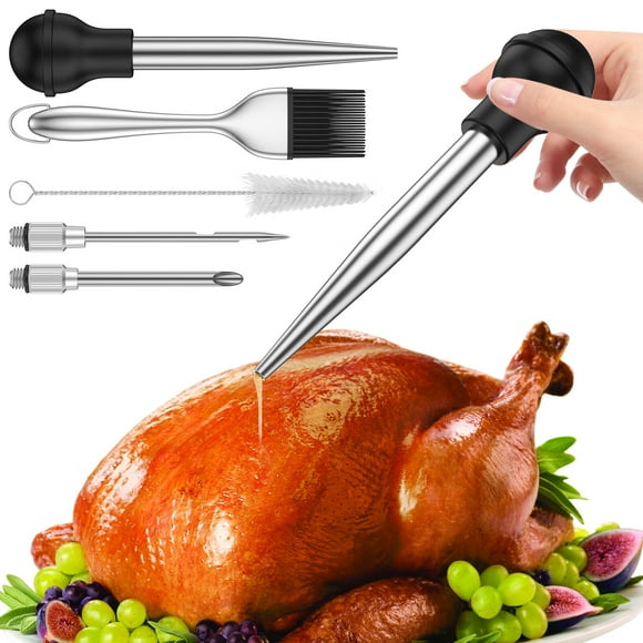 Turkey Baster Stainless Steel Turkey Baster Syringe Bulb Detachable Turkey Baster Injector Set Reusable Meat Injector Set with Basting Brush Cleaning Brush 2 Needles for Cooking BBQ