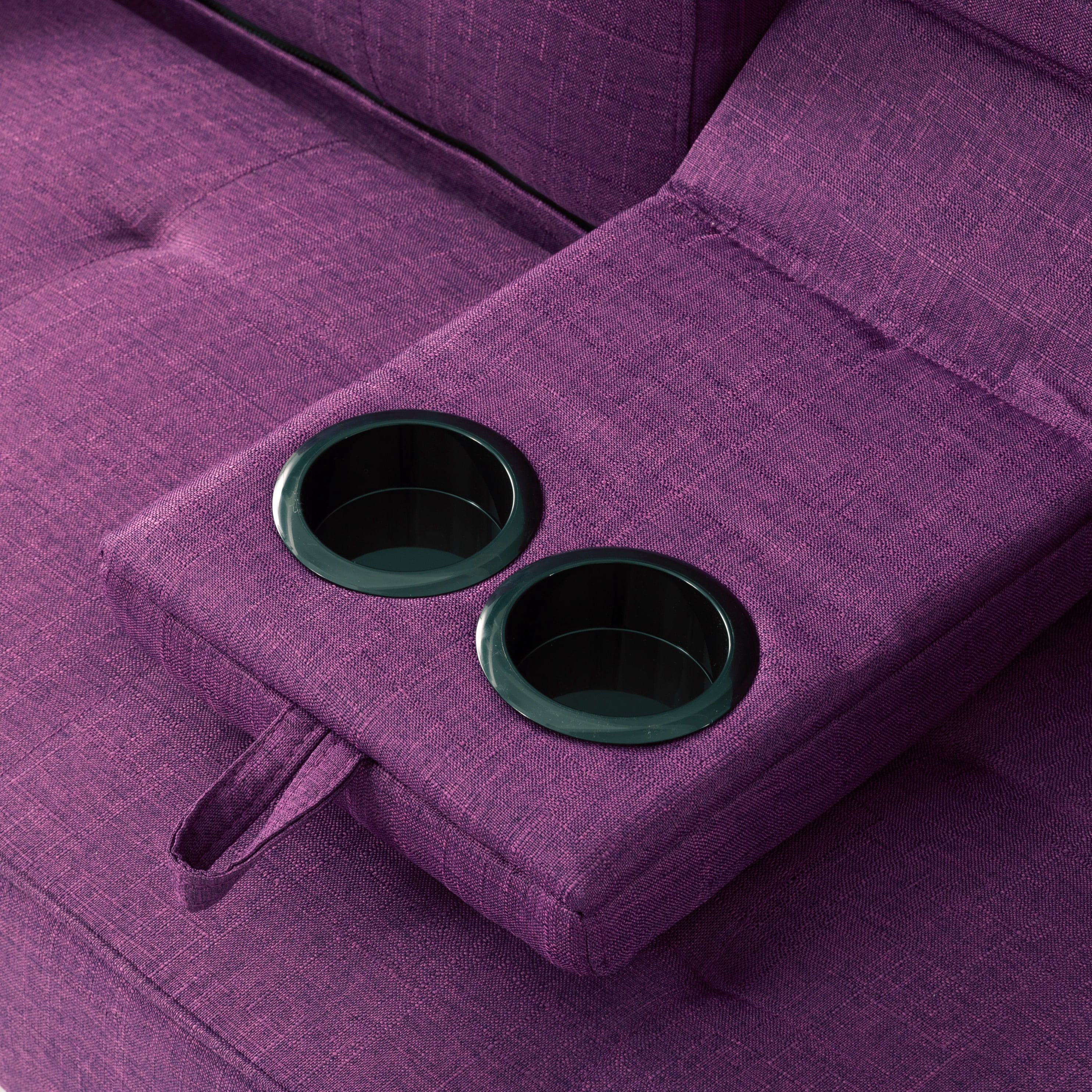 BSHTI 69.49” Twin Size Futon Sofa Bed with Cup Holders – 5-Position Adjustable Sleeper, Polyester Upholstery, Storage Side Pocket, Removable Arm Cushions, Easy Conversion, Purple