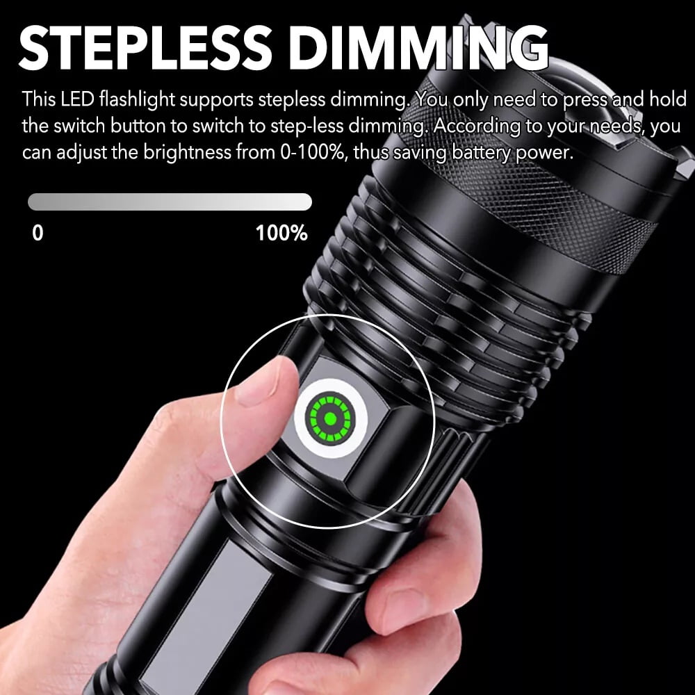 Super Bright LED Flashlights Rechargeable, 100000 Lumens XHP70 Tactical Flashlight, High Lumens 5 Modes Zoomable Waterproof Handheld Flashlights for Emergency Hiking Hunting Camping