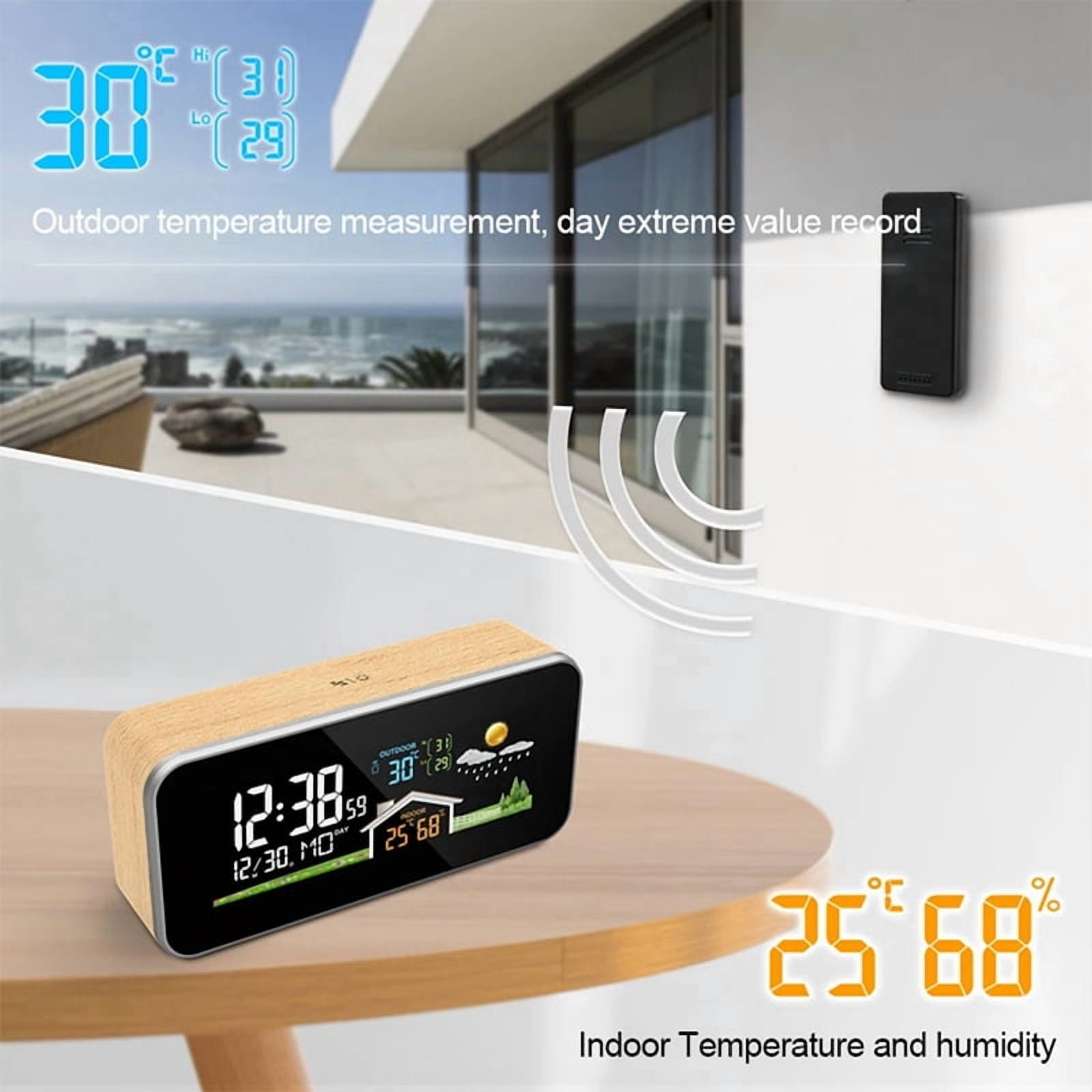 Wireless Weather Station Wooden Alarm Clock Digital Thermometer Humidity Temperature Wireless Sensor Home Desktop Watch